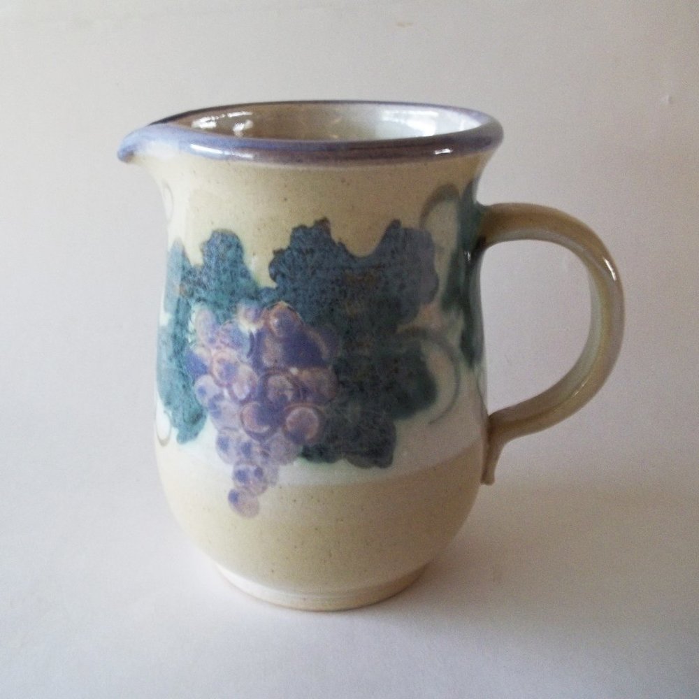 Vintage Quyle Kilns Pottery Pitcher, Murphys CA, Hand Painted Grapes & Leaves
